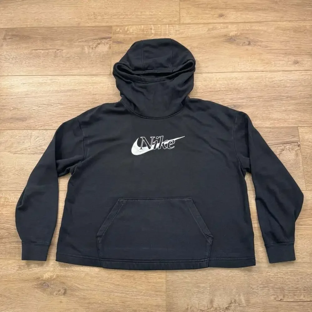 Nike Sportswear Funnel Neck Hoodie Women’s L Black Script Swoosh Pullover